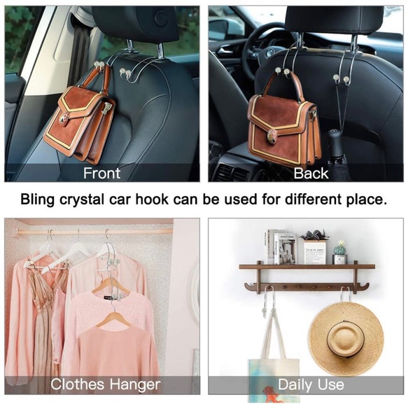 Crystal Bling Car Backseat Hooks 4pc Silver - Picture 2 of 2